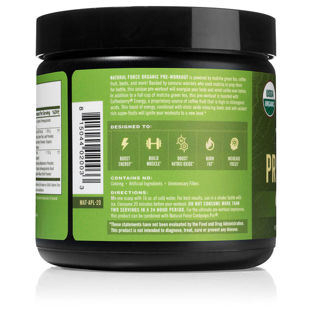 right side of natural force 30 serving apple ginger organic pre-workout