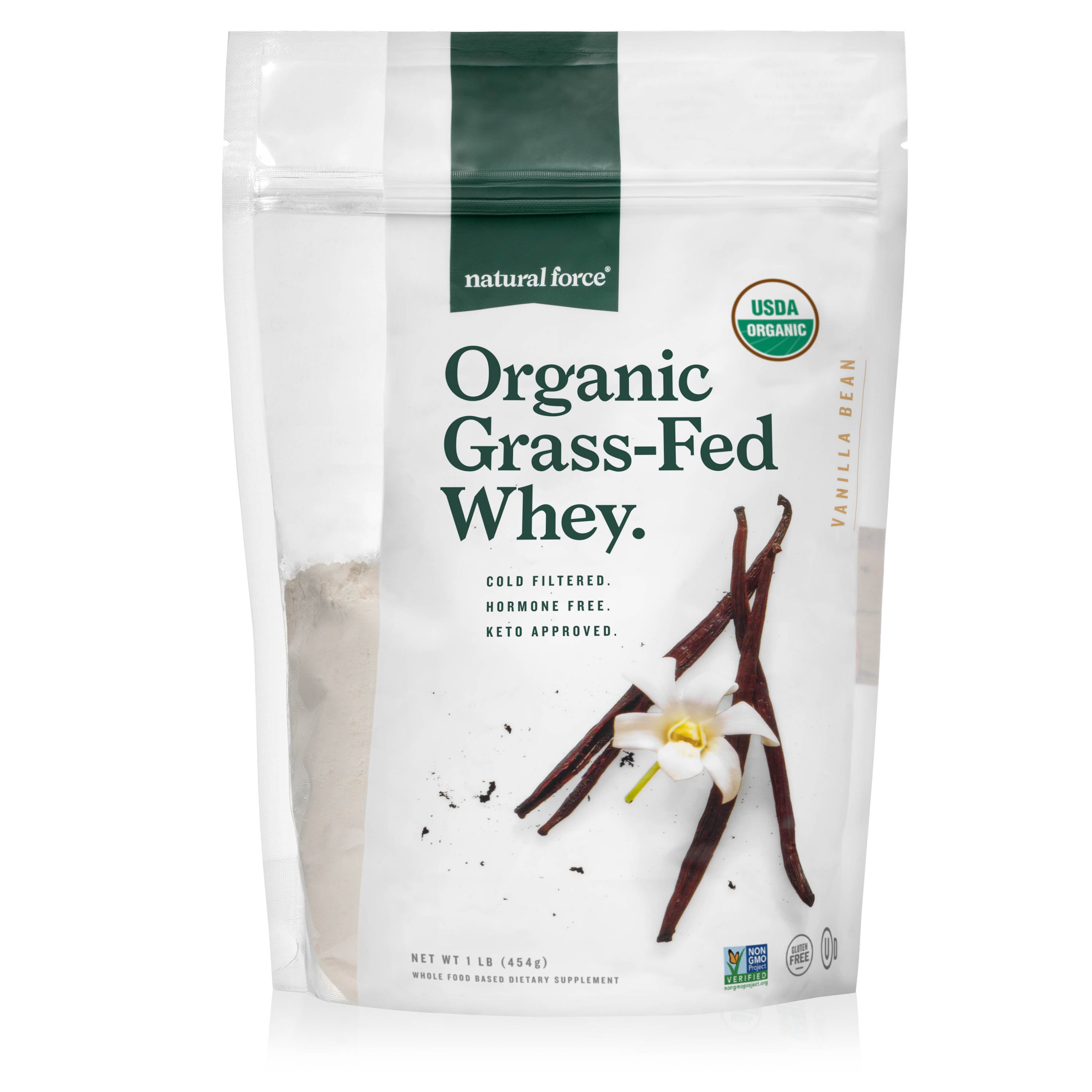 natural force organic grass fed whey vanilla one pound size front